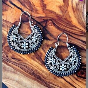 BeSheek Filigree Black & Silvertone Key Latch Drop Earrings | Retro Fashion